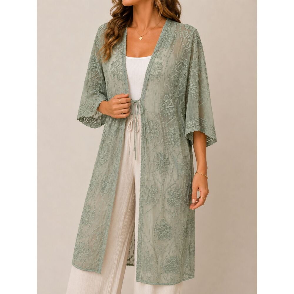 Entro Sage Green Lace Kimono Cardigan Boho Embroidered Duster Medium
